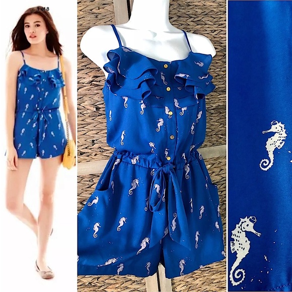 Nanette Lepore L’Amour Seahorse Ruffle Romper‎ Royal Blue Nautical Beach Size M - Picture 1 of 8